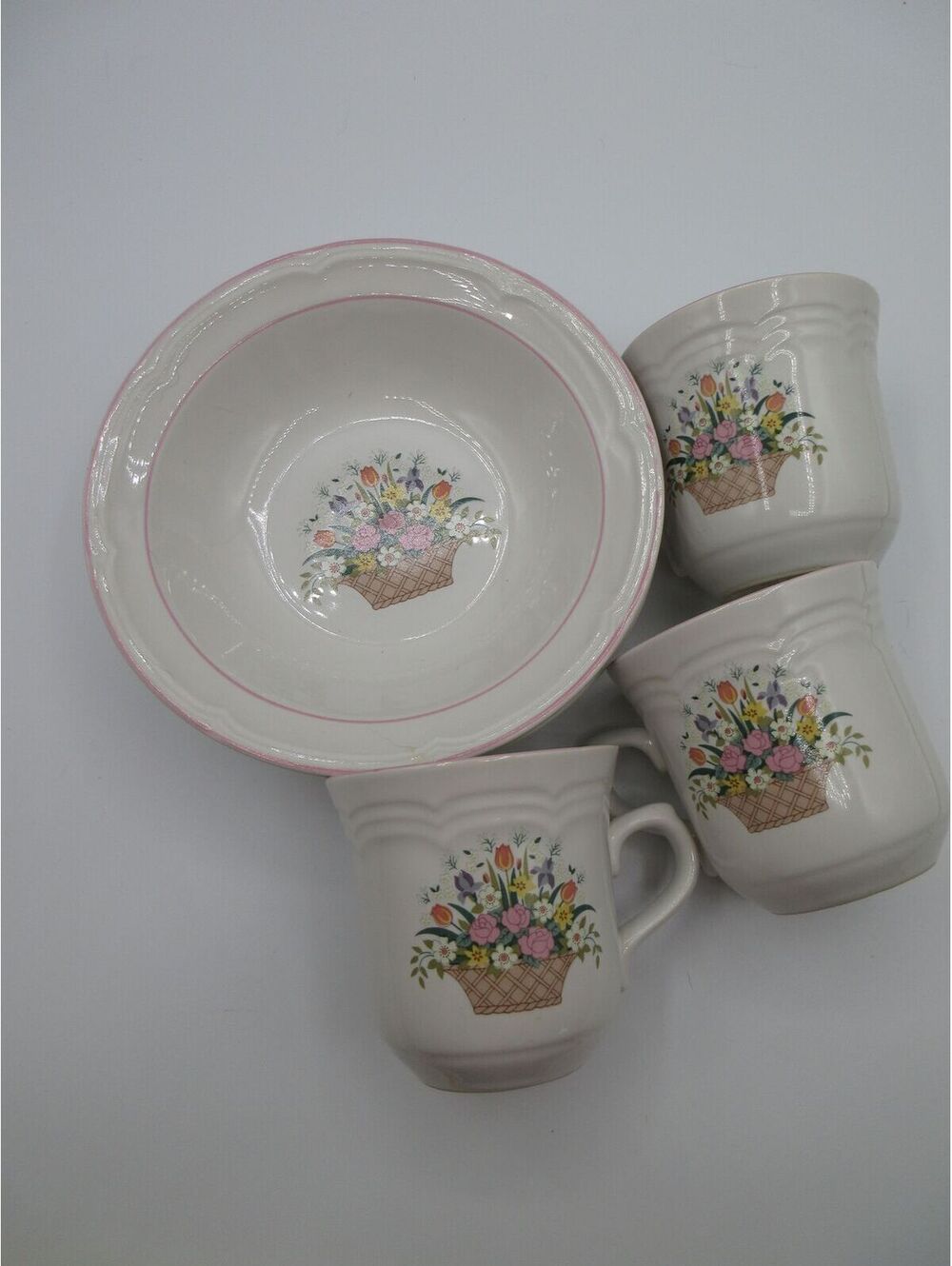66. Vintage Sango Chesapeake 1987 Floral Stoneware 6pc Set Mugs Bowls